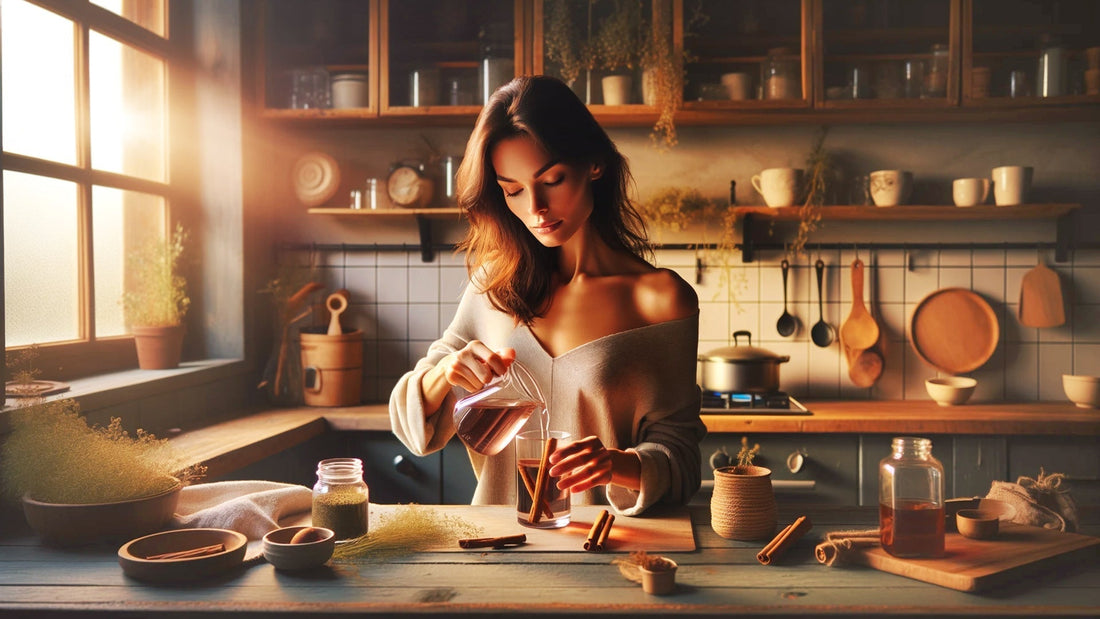 Femme préparant une boisson dans une cuisine
